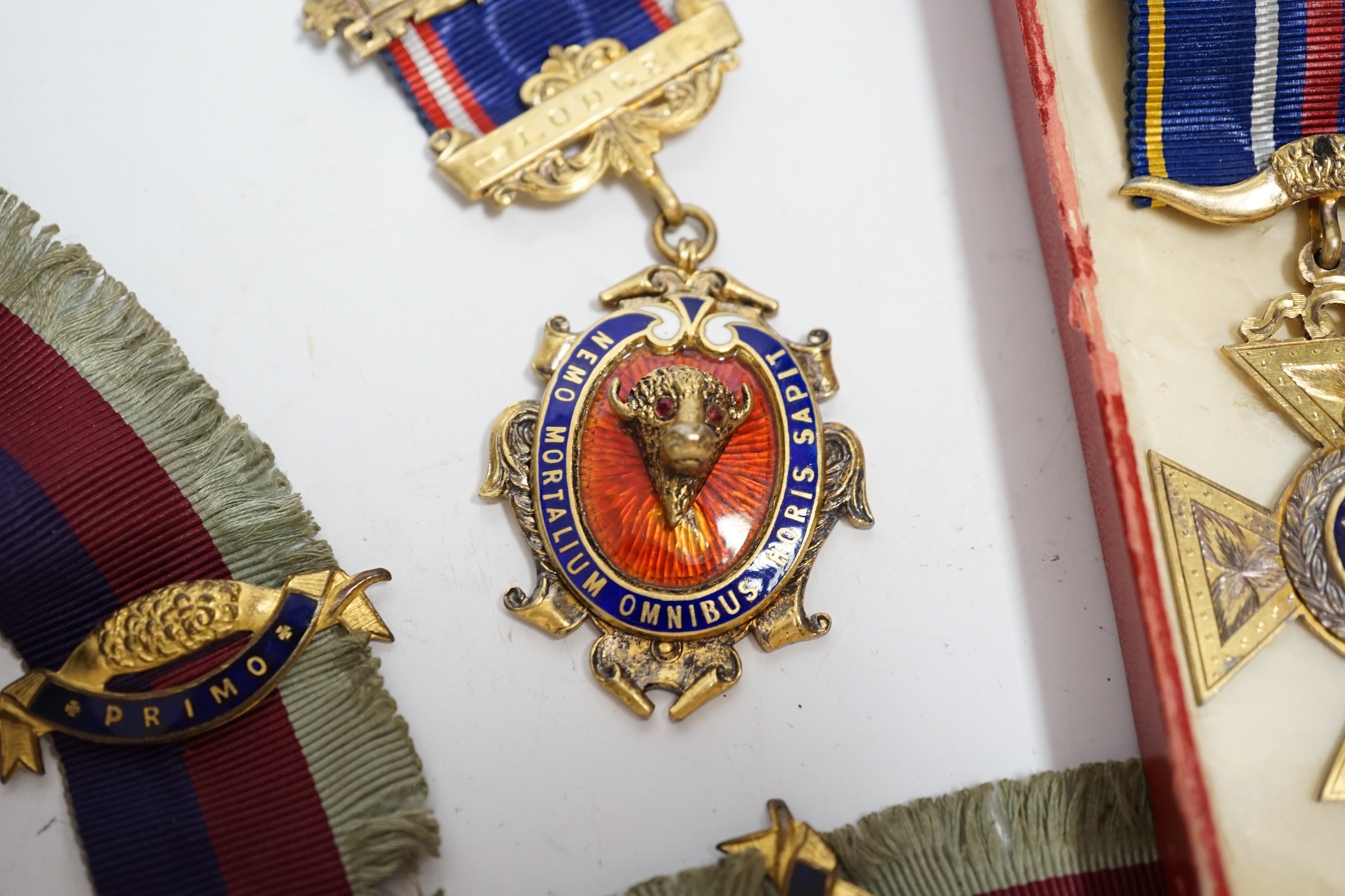 Ten masonic enamelled medals, some silver gilt, including eight cased examples